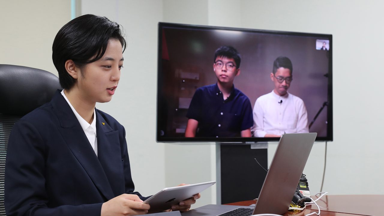 Ryu Ho-jeong, a lawmaker of South Korea's minor opposition Justice Party, holds a videoconference with Hong Kong pro-democracy advocates Nathan Law and Joshua Wong from the National Assembly in Seoul, South Korea, 10 June 2020.