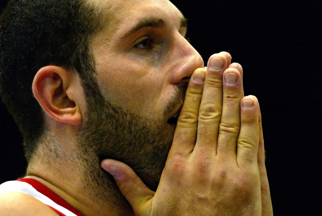 Lebanon's Fadi El Khatib reacts during the World Basketball Championships first round match against France in Sendai, northern Japan Wednesday, Aug. 23,  2006.  Lebanon won the match, 74-73. 