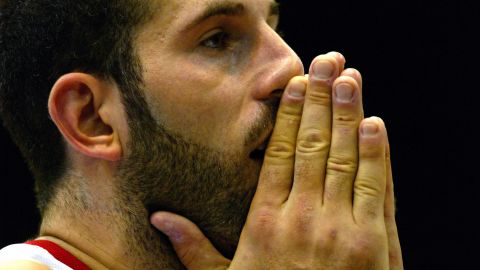 Lebanon's Fadi El Khatib reacts during the World Basketball Championships first round match against France in Sendai, northern Japan Wednesday, Aug. 23,  2006.  Lebanon won the match, 74-73. 