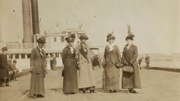 Some of the anti-suffrage leaders who took 1200 people up the Hudson for their Decoration Day picnic : L to R: Mrs. George Phillips, Mrs. K. B. Lapham, Miss Burnham, Mrs. Everett P. Wheeler, Mrs. John A. Church. 1913 May 30