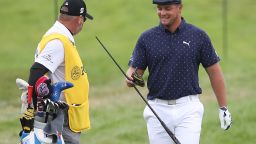 SAN FRANCISCO, CALIFORNIA - AUGUST 06: Bryson DeChambeau of the United States hands his broken driver to caddie Tim Tucker on the seventh hole during the first round of the 2020 PGA Championship at TPC Harding Park on August 06, 2020 in San Francisco, California. (Photo by Sean M. Haffey/Getty Images)