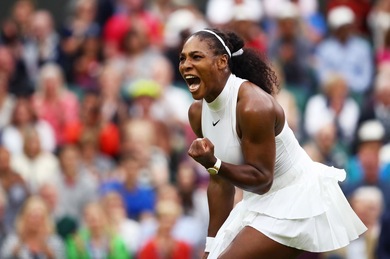 Serena Williams celebrates a second-round victory at Wimbledon in 2016. With 73 career singles titles, 23 doubles titles and two mixed-doubles titles, Williams has spent her life dominating tennis courts. The 23-time Grand Slam singles champion has won more career prize money than any other female athlete, and she has openly fought against sexism in the tennis world. 
