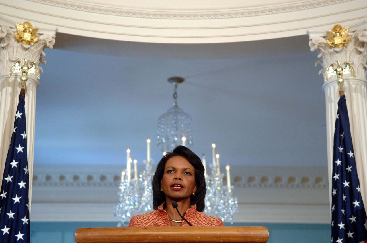 Former US Secretary of State Condoleezza Rice speaks at a news conference in Washington, DC, in 2008. Rice was the first woman to serve as national security adviser and the second woman to serve as secretary of state.
