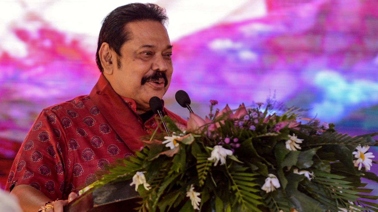 Sri Lanka's Prime Minister Mahinda Rajapaksa speaks to supporters at a rally ahead of the upcoming parliamentary elections, near the capital Colombo on July 29, 2020.