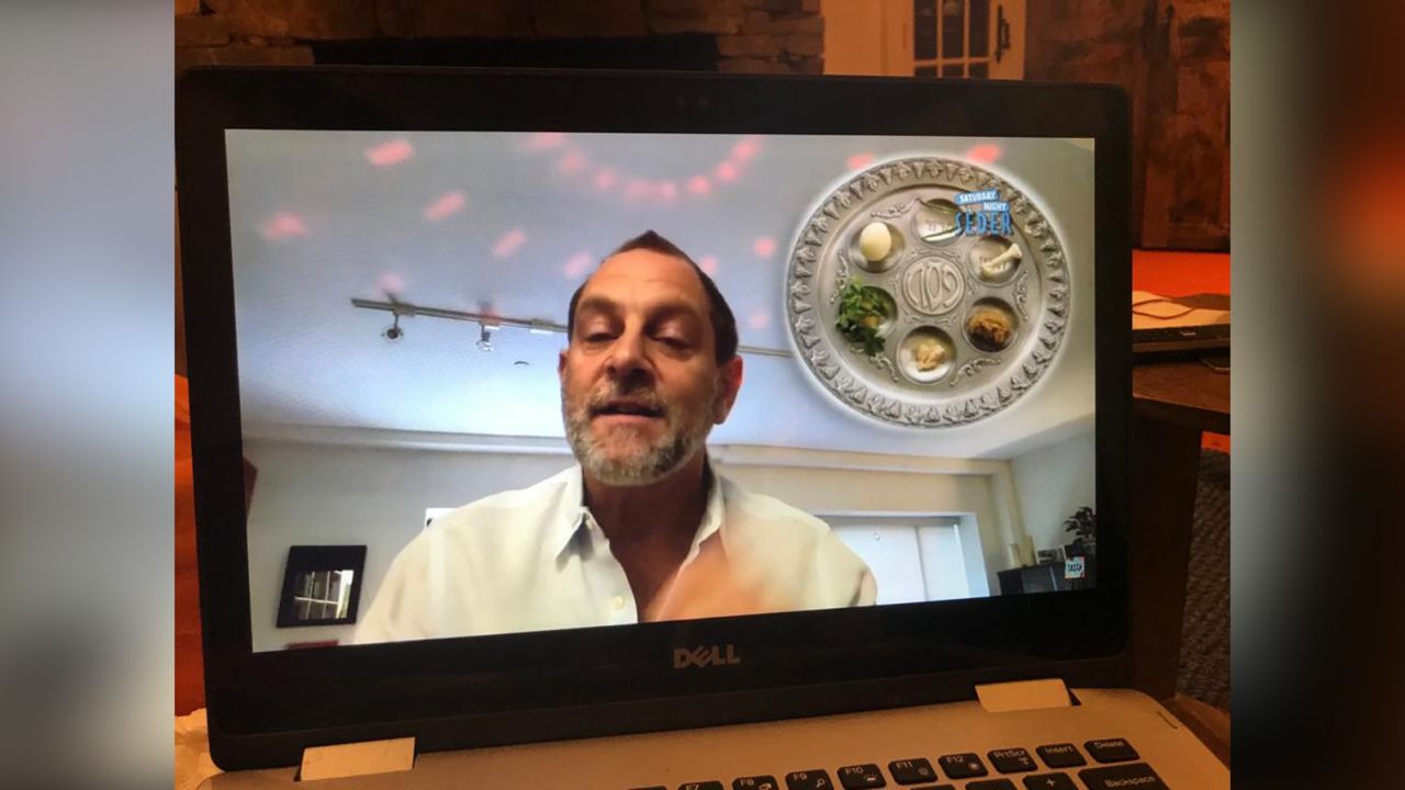 Rabbi Amichai Lau-Lavie leads an online Seder service earlier this year.