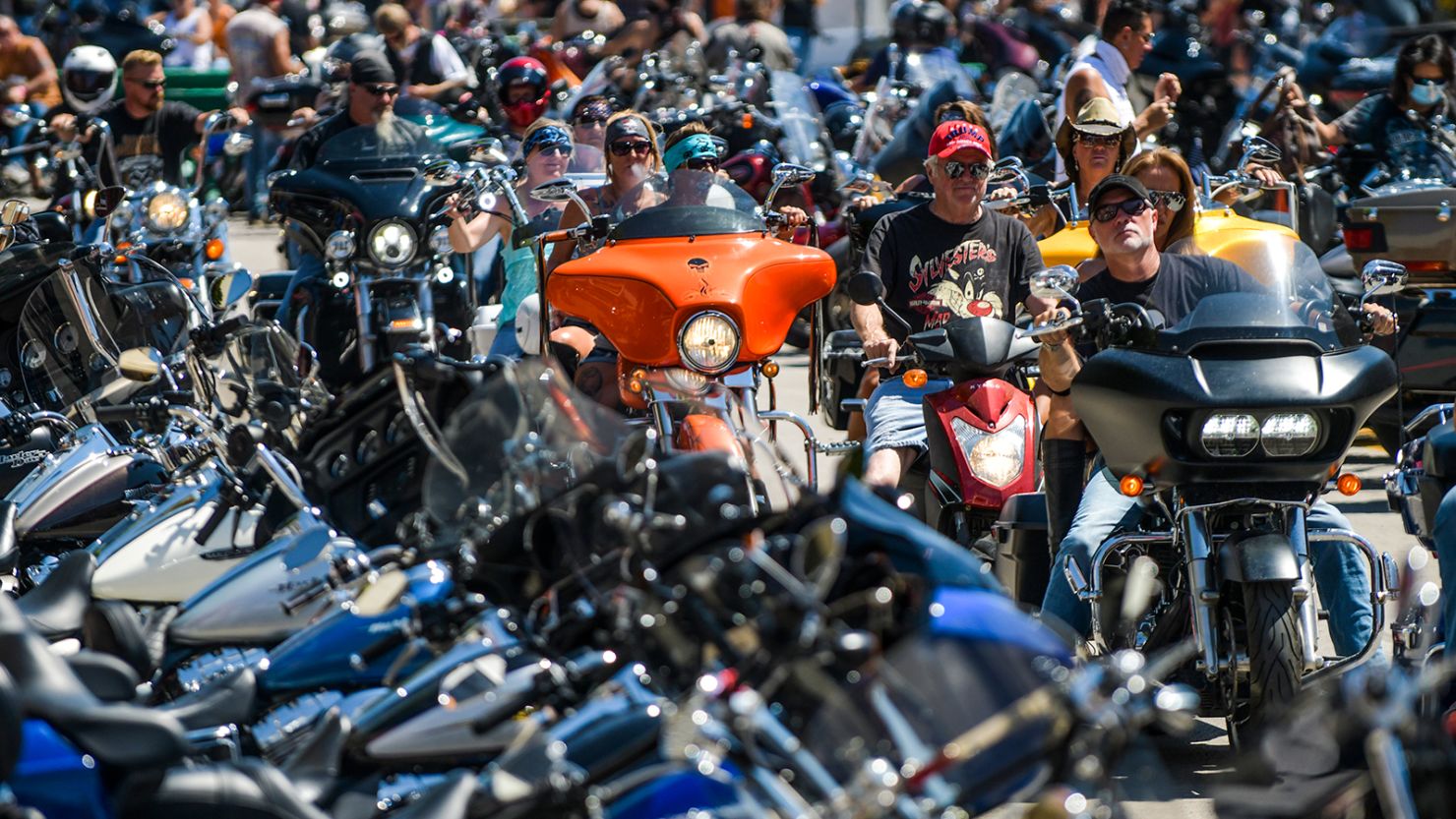 Bikers ride down Main Street at the 80th Annual Sturgis Motorcycle Rally in 2020 in Sturgis, South Dakota. About 450,000 people attended indoor and outdoor activities, despite the pandemic. 