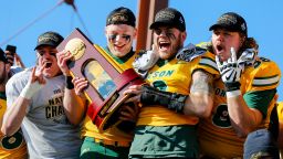 FRISCO, TX - JANUARY 11: The North Dakota State Bisons celebrate winning the NCAA Division I Football Championship Game between the North Dakota State Bison and the James Madison Dukes on January 11, 2020 at Toyota Stadium in Frisco, Texas. (Photo by Matthew Pearce/Icon Sportswire via Getty Images)