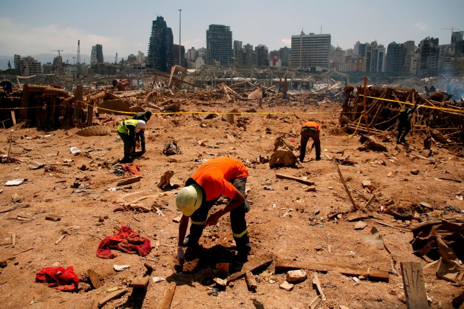 Volunteers conduct research at the explosion site on August 8, 2020.