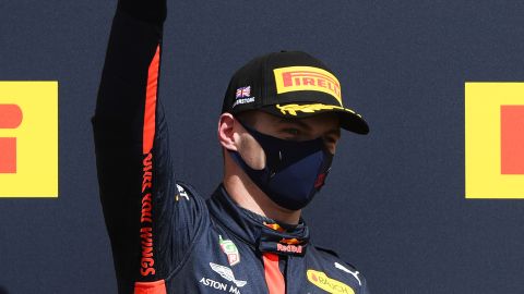 Max Verstappen celebrates after winning the 70th Anniversary Grand Prix at Silverstone.