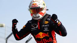 Race winner Max Verstappen celebrates in parc ferme during the F1 70th Anniversary Grand Prix at Silverstone.