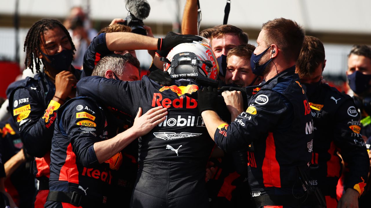 The Red Bull team was ecstatic after Max Verstappen's superb drive to win the 70th Anniversary Grand Prix at Silverstone.