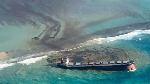 Oil leaking from the MV Wakashio that ran aground off the southeast coast of Mauritius, Friday, Aug. 7, 2020. 