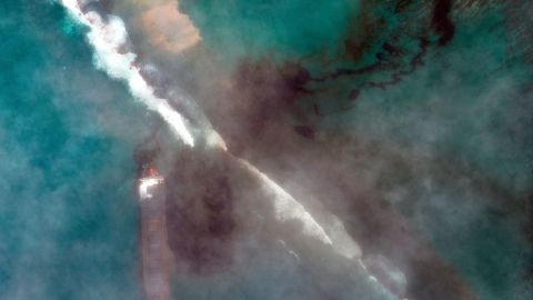 In this satellite image provided by 2020 Maxar Technologies on Friday, Aug. 7, 2020, an aerial view of oil leaking from the MV Wakashio.