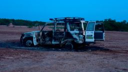 This August 9, 2020 image shows the wreckage of the car where six French aid workers, their local guide and the driver were killed by unidentified gunmen riding motorcycles in an area of southwestern Niger. - Gunmen on motorcycles killed eight people including a group of French aid workers as they visited a part of Niger popular with tourists for its wildlife. 