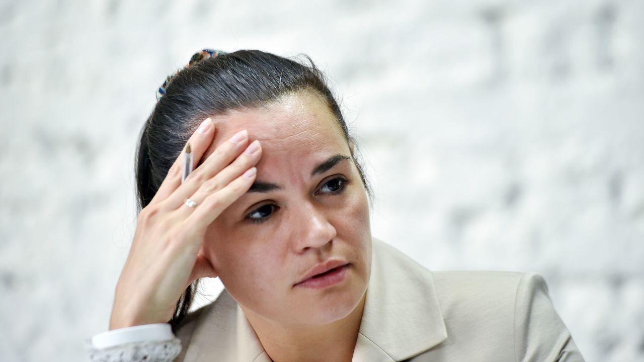 Tikhanovskaya, pictured at a press conference in Minsk on Monday before she left Belarus. 