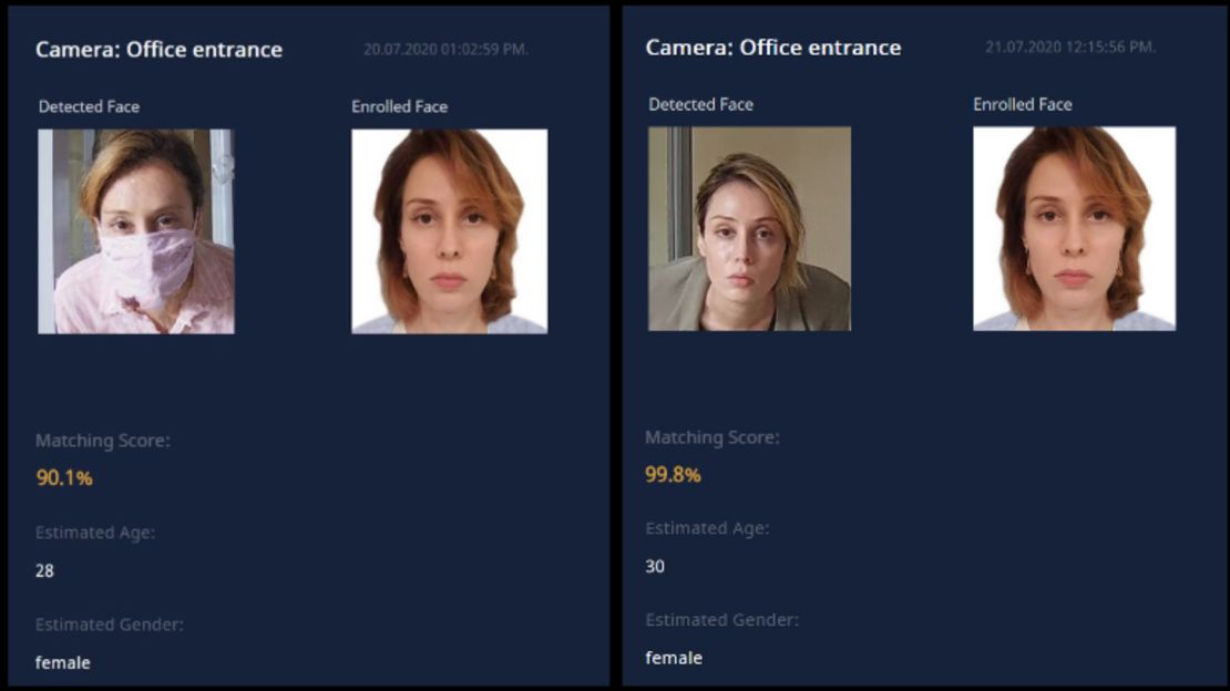 Images of facial-recognition software from Tech5, showing how its current algorithm identifies a person wearing a mask or not wearing a mask. Here the software is less certain of a match with a masked face than one that isn't masked.