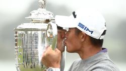 SAN FRANCISCO, CALIFORNIA - AUGUST 09: Collin Morikawa of the United States celebrate by kissing the Wanamaker Trophy after winning during the final round of the 2020 PGA Championship at TPC Harding Park on August 09, 2020 in San Francisco, California. (Photo by Ezra Shaw/Getty Images)