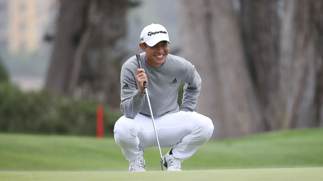 Morikawa lines up a putt for eagle on the 16th green during the final round of the 2020 PGA Championship.