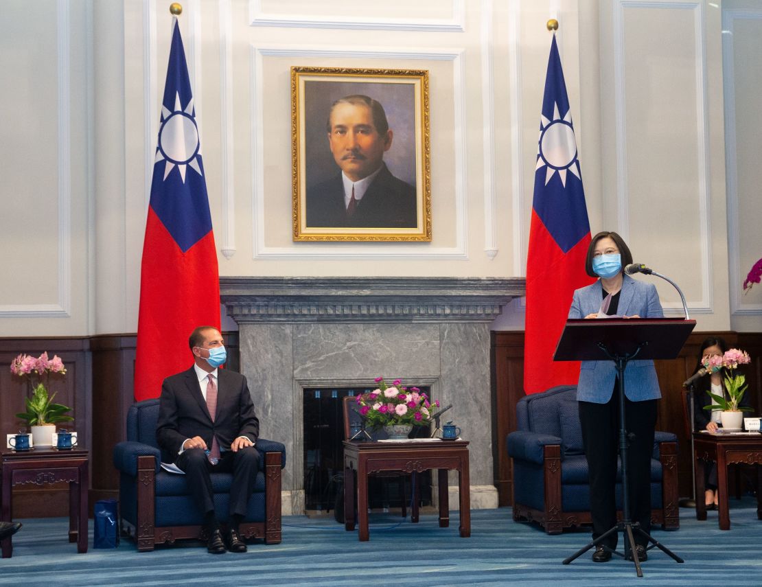 US Secretary of Health and Human Services Alex Azar (L) looks on as Taiwan's President Tsai Ing-wen (R) speaks during his visit to the Presidential Office in Taipei on August 10.