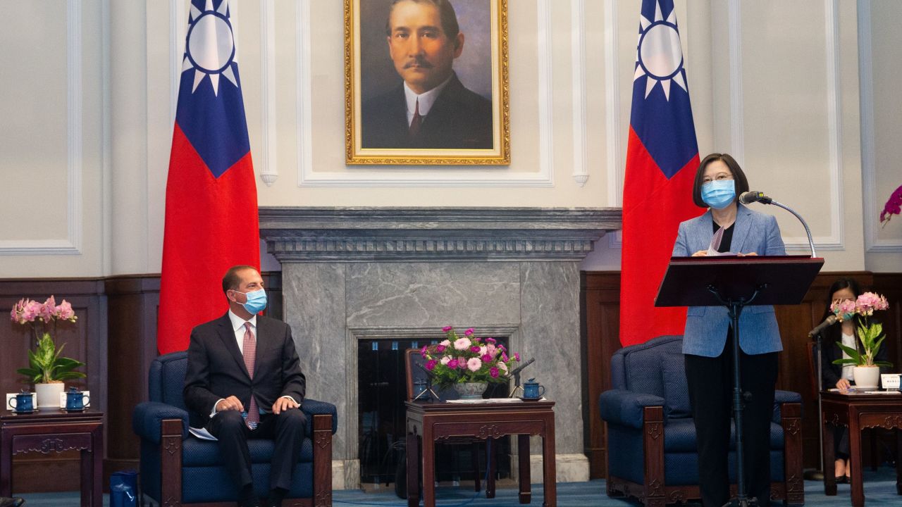 US Secretary of Health and Human Services Alex Azar (L) looks on as Taiwan's President Tsai Ing-wen (R) speaks during his visit to the Presidential Office in Taipei on August 10.