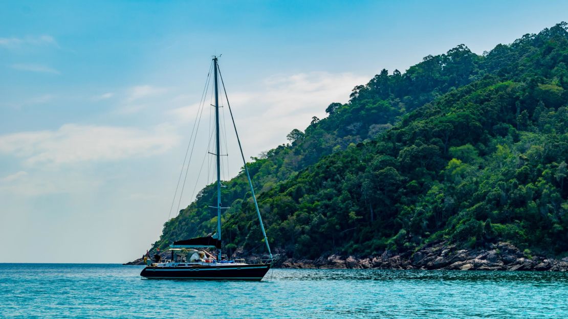 A sailing yacht at sea in Redang Island, Malaysia, in 2019.