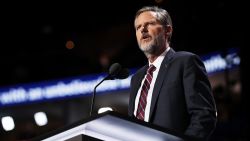 CLEVELAND, OH - JULY 21:  President of Liberty University, Jerry Falwell Jr., delivers a speech during the evening session on the fourth day of the Republican National Convention on July 21, 2016 at the Quicken Loans Arena in Cleveland, Ohio. Republican presidential candidate Donald Trump received the number of votes needed to secure the party's nomination. An estimated 50,000 people are expected in Cleveland, including hundreds of protesters and members of the media. The four-day Republican National Convention kicked off on July 18.  (Photo by Chip Somodevilla/Getty Images)