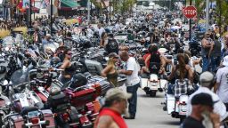 Motorcycles and people crowd Main Street during the 80th Annual Sturgis Motorcycle Rally on August 7, 2020 in Sturgis, South Dakota. (Photo by Michael Ciaglo/Getty Images)