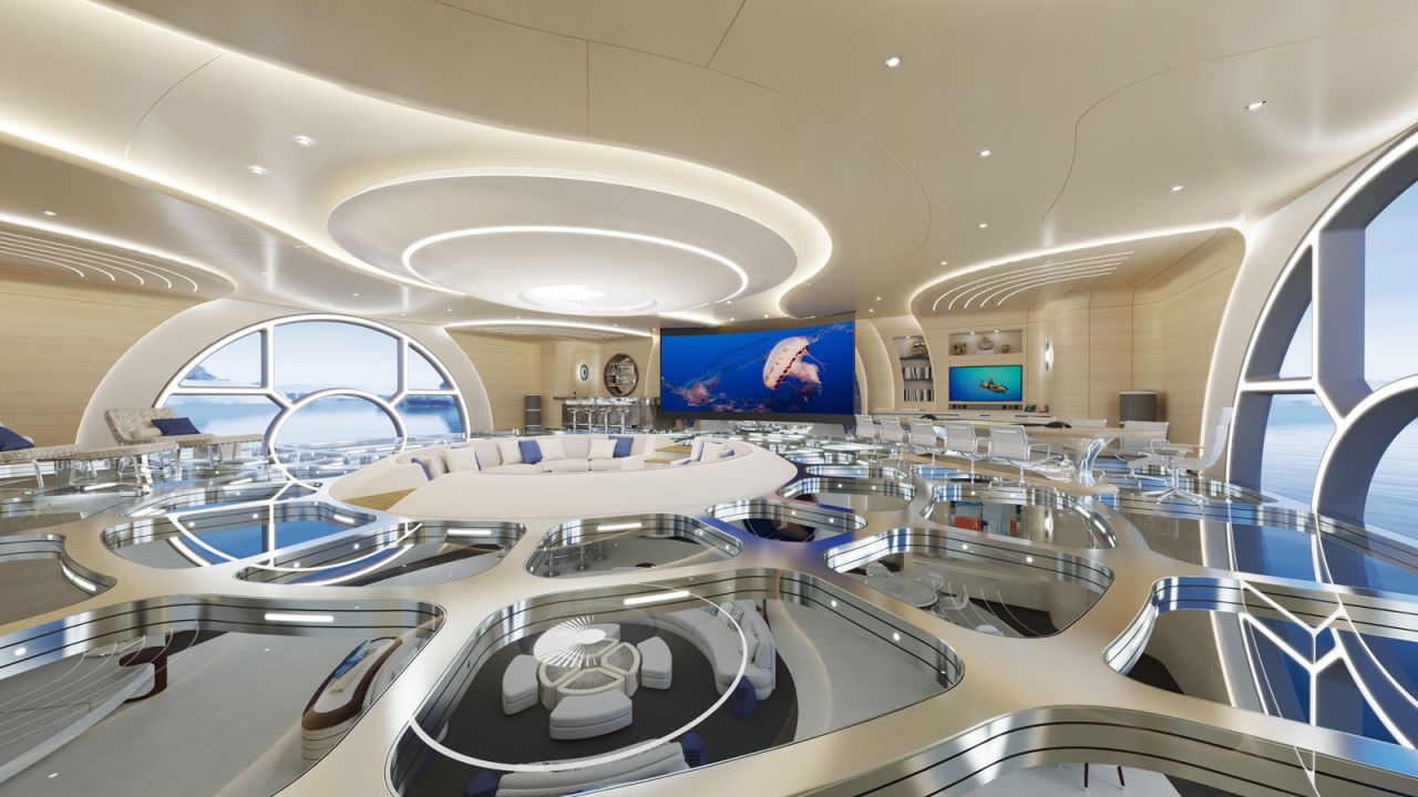 <strong>Double-height spaces</strong>: Its upper level features a mission control center, while a sunken seating area appears to be floating between the decks just below.