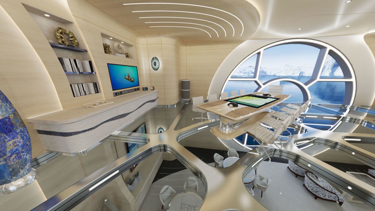 <strong>Futuristic concept:</strong> Renderings of the 100-meter mega yacht reveal its impressive internal spaces, which have something of a spaceship feel.