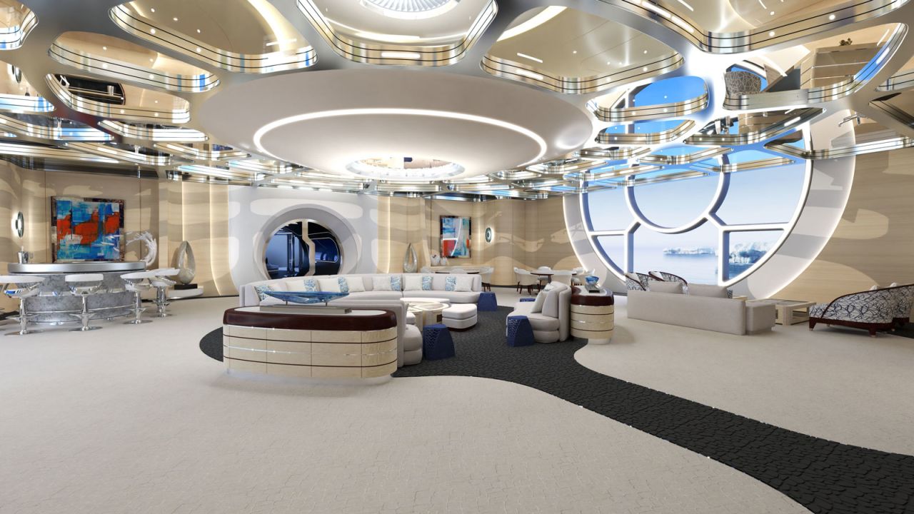 <strong>Organic shapes: </strong>The spacious saloon features large nautilus windows as well as a glass floor that transforms to opaque "with the flick of a switch."<br />