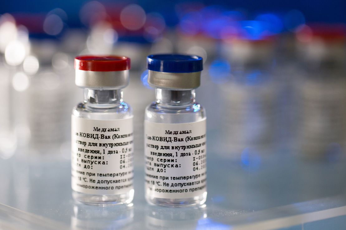 Vials containing the two components of Russia's Covid-19 vaccine -- named Sputnik-V -- which has been developed by the Gamaleya Institute in Moscow.