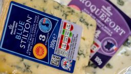 A British Blue Stilton cheese sits on top of a French Roquefort cheese inside a Morrisons supermarket, operated by Wm Morrison Supermarkets Plc, in this arranged photograph in London, U.K., on Wednesday, Aug. 8, 2018. Morrisons reported a growth in profits in their most recent financial year, boosted by food price inflation. Photographer: Chris J. Ratcliffe/Bloomberg via Getty Images