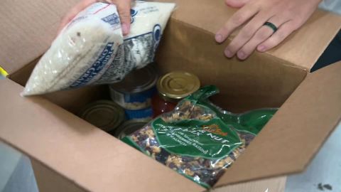 The boxes include canned and dried goods, and even a few recipes. 