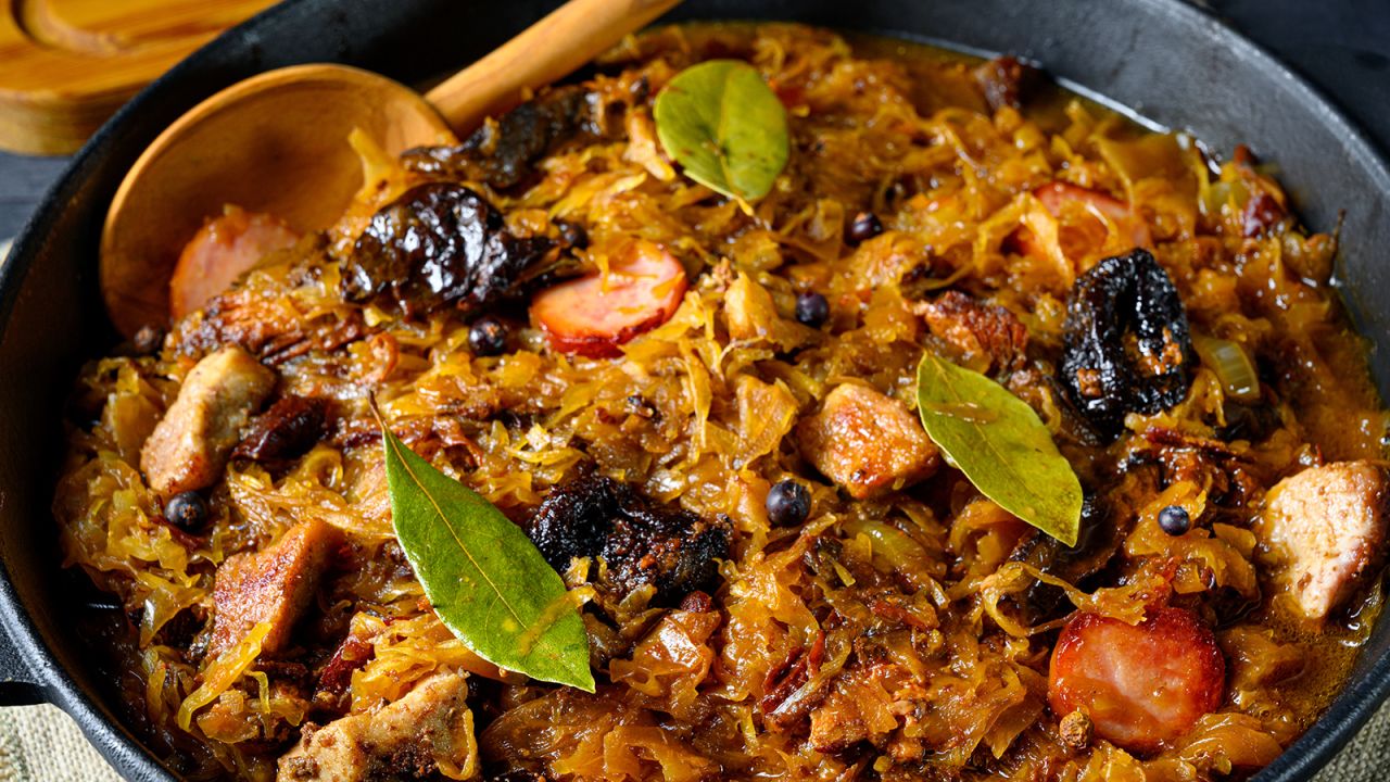 <strong>Bigos: </strong>This<strong> </strong>Polish stew is made from sauerkraut, meat and fresh shredded cabbage, along with a variety of vegetables.