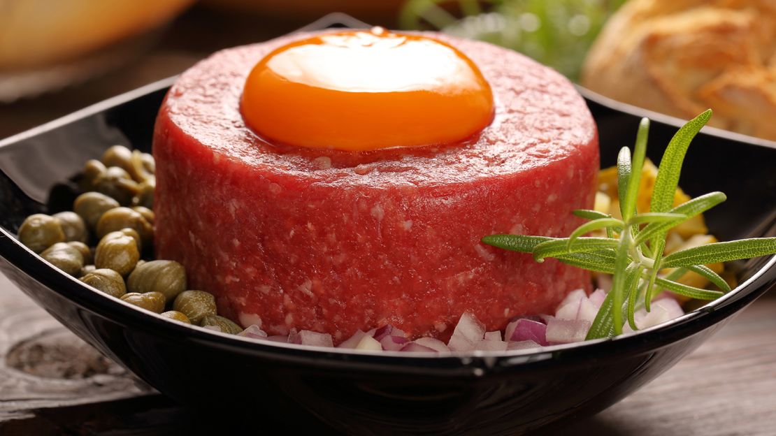 Similar to steak tartare, this appetizer is made of minced meat mixed with onions and egg yolk.