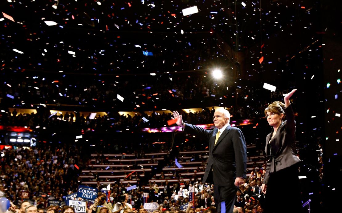 Republican U.S presidential nominee U.S. Sen. John McCain stands on stage with Republican U.S vice-presidential nominee Alaska Gov. Sarah Palin on day four of the Republican National Convention in September 2008 in St. Paul, Minnesota.