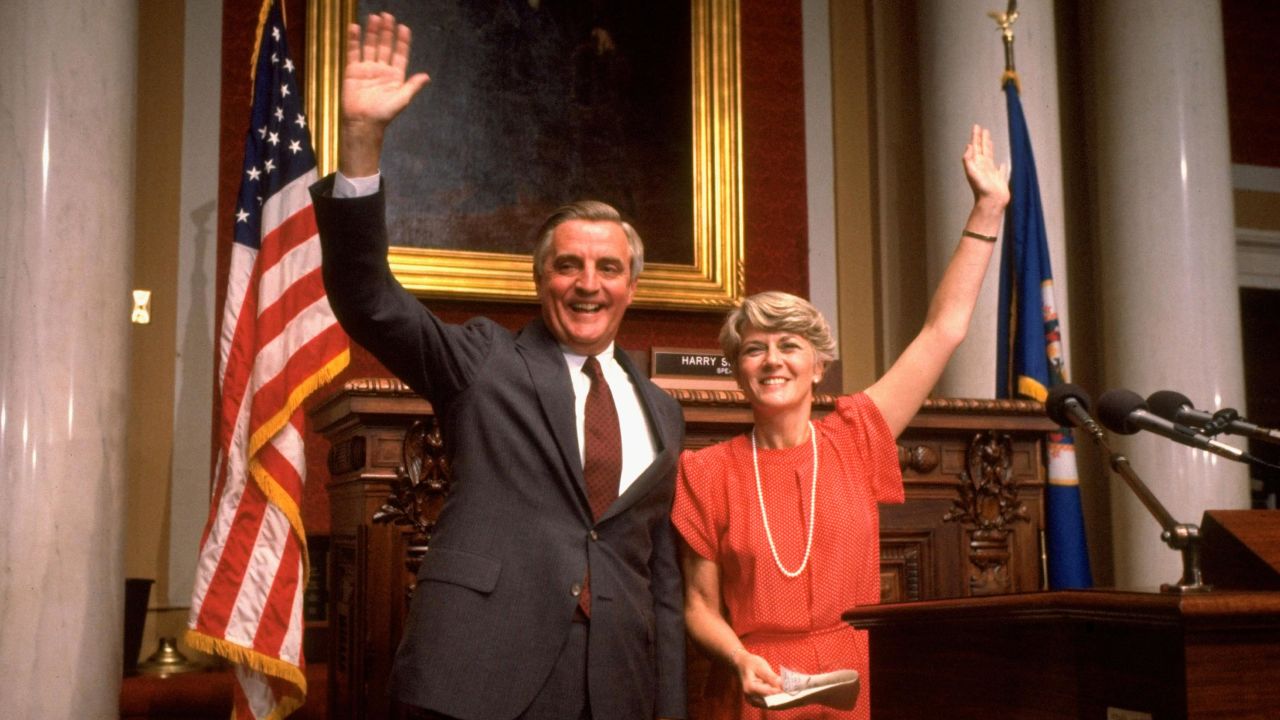 Then-Democratic presidential candidate, ex-VP Walter Mondale introduces his running mate, Rep. Geraldine Ferraro, before the Democratic convention. 