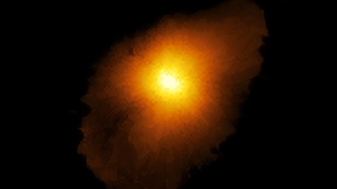 This image shows the galaxy's true shape after researchers used ALMA data and computer modeling to reconstruct it. 