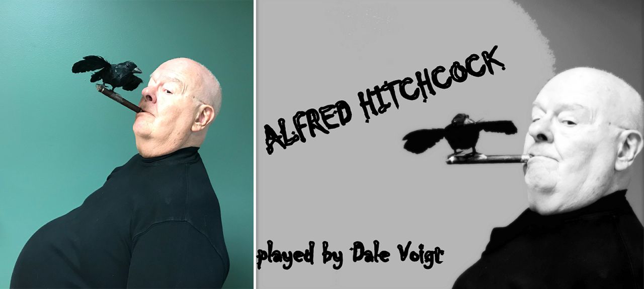 Dale Voigt poses as famed Hollywood filmmaker Alfred Hitchcock.