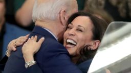 DETROIT, MICHIGAN - MARCH 09: Sen. Kamala Harris (L) (D-CA), hugs  Democratic presidential candidate former Vice President Joe Biden after introducing him at a campaign rally at Renaissance High School on March 09, 2020 in Detroit, Michigan. Michigan will hold its primary election tomorrow.  (Photo by Scott Olson/Getty Images)