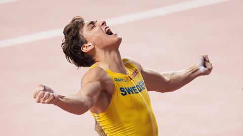 Duplantis celebrates in the men's pole vault final of last year's World Athletics Championships in Doha, where he won silver.
