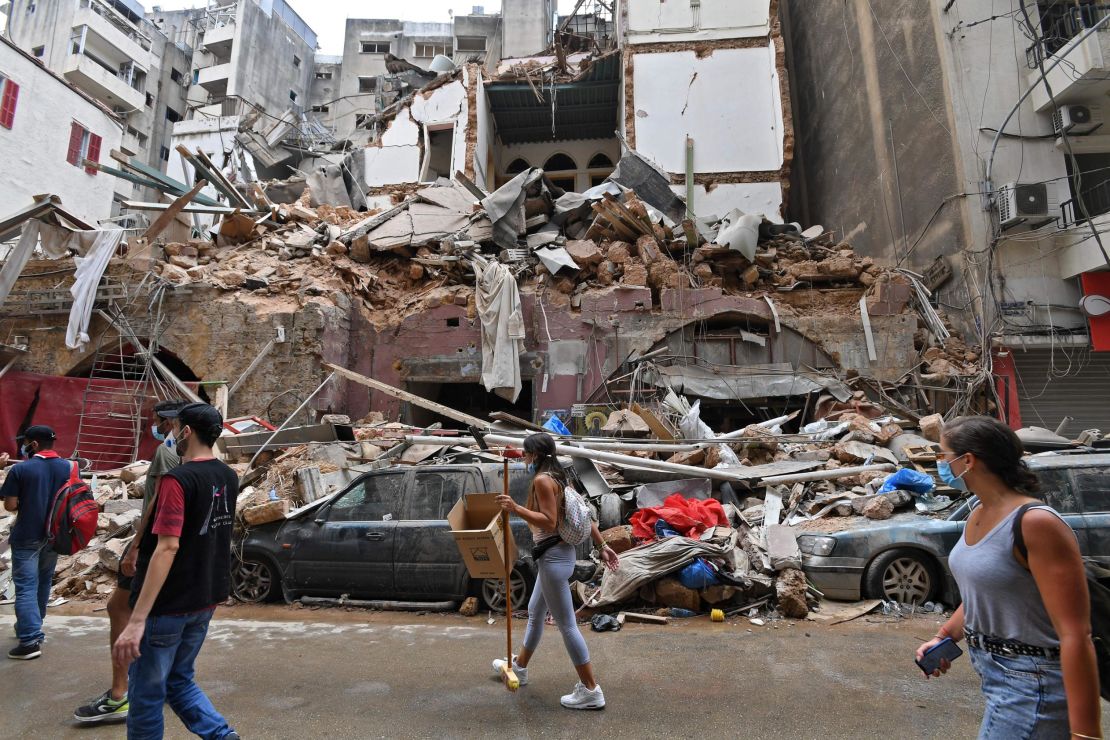 Lebanese volunteers clear the rubble in the devastated Gemmayzeh neighbourhood, on August 7.