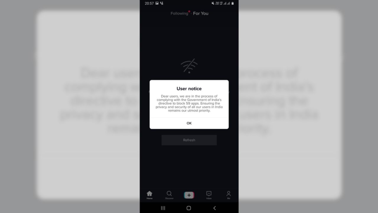 An error message shown to TikTok users in India says the app is "complying with the government of India's directive."
