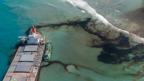 Oil is seen leaking from the MV Wakashio on Tuesday, August 11. 
