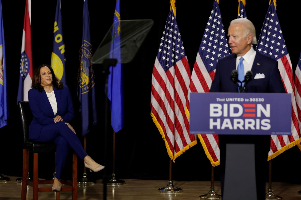 When Biden spoke, Harris sat in a chair at a distance. He did the same when she spoke.
