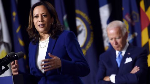 Presumptive Democratic presidential nominee Joe Biden listens to his running mate, Sen. Kamala Harris, during their first news conference together in Wilmington, Delaware, on Wednesday, August 12.