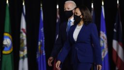Democratic presidential nominee and former US Vice President Joe Biden (L) and vice presidential running mate, US Senator Kamala Harris, arrive to conduct their first press conference together in Wilmington, Delaware, on August 12, 2020. Photo by Olivier Douliery/AFP/Getty Images