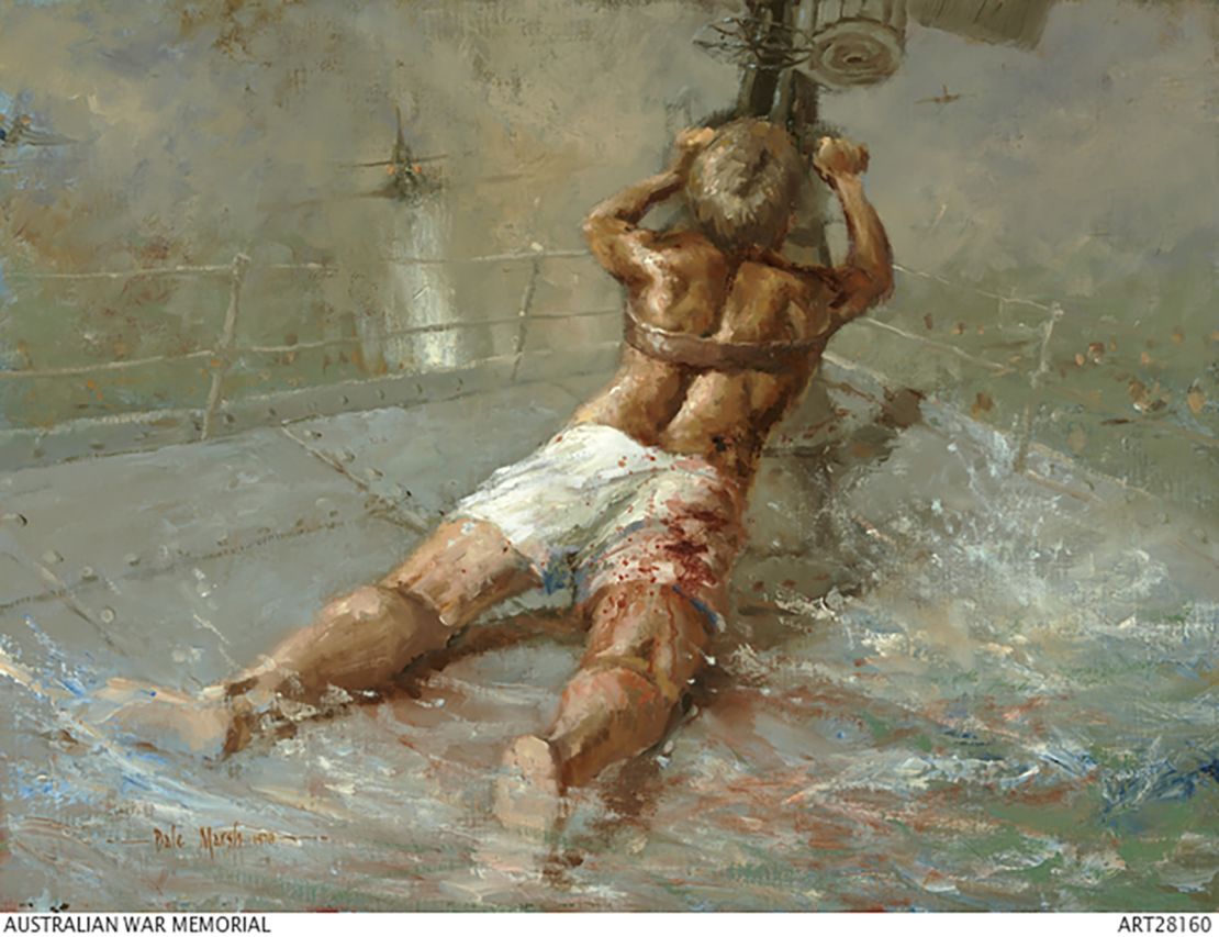 A painting from the Australian War Memorial depicts the figure of Ordinary Seaman Edward Sheean, a wound on his right thigh, firing an Oerlikon anti-aircraft gun at Japanese bombers on December 1, 1942.