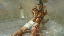 Depicts the figure of Ordinary Seaman Edward Sheean, HMAS 'Armidale' from back half prone on deck at stern of ship dressed only in shorts and boots, a wound on his right thigh, firing an Oerlikon anti-aircraft gun at Japanese bombers; a number of seamen are in the water having abandoned ship. Ordinary Seaman Edward Sheean went down with the HMAS 'Armidale' firing his gun to the last.