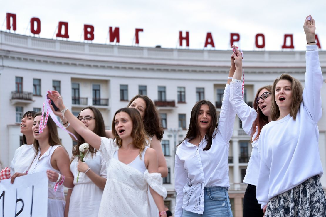 The women in white clothes and bare feet protested in solidarity with activists injured during recent rallies against President Lukashenko, who is accused of falsifying the polls in the election.